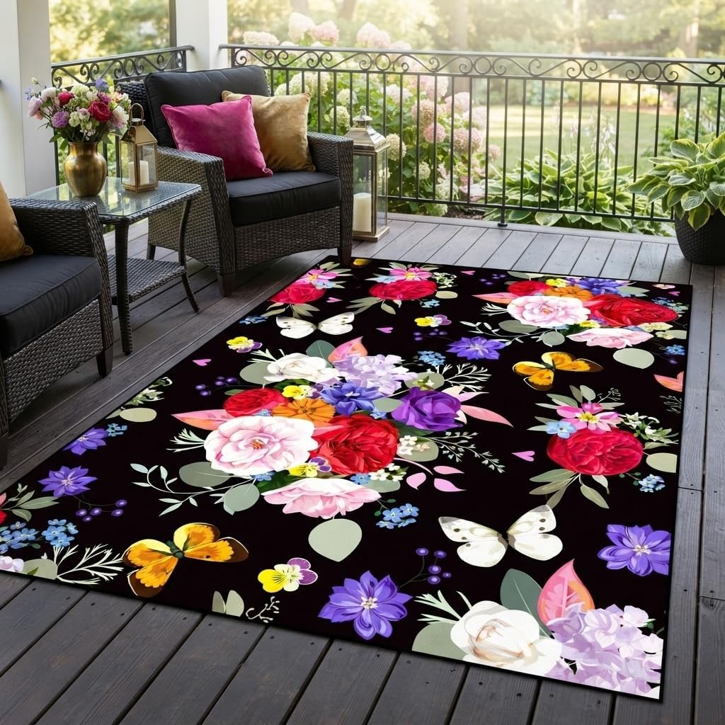 Beautiful Elegant Multicolor Outdoor Rug 7x10 Natural Floral Butterfly Texture Waterproof Thin No Shedding Easy Care Outside Rugs for Patios Deck Pool Garden Balcony Backyard Beach Floor Mat