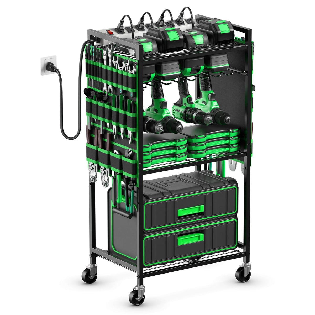 JUNNUJ Power Tool Organizer Cart with Charging Station, 6 FT Cord, Black