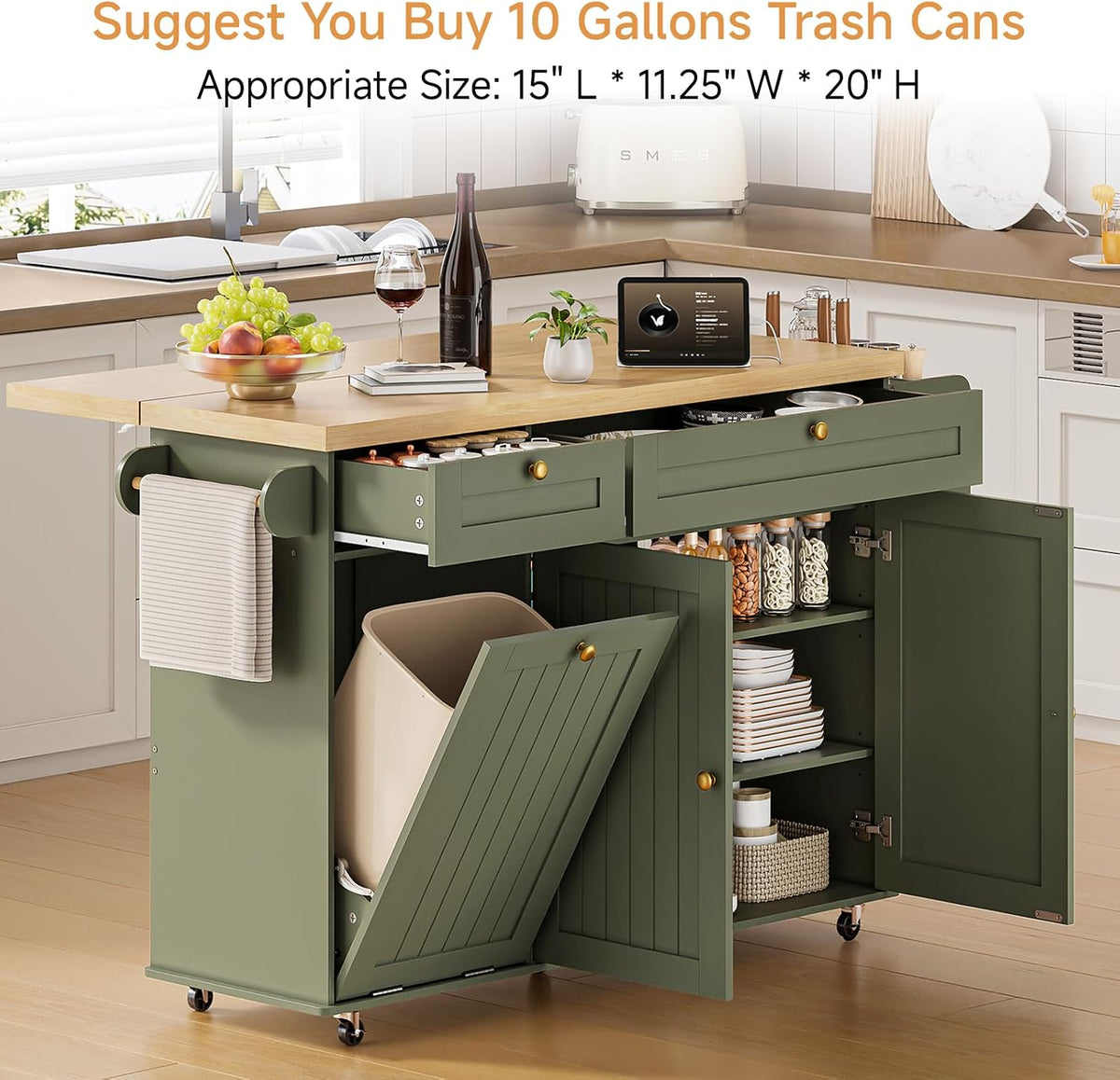 ONBRILL 60" Kitchen Island with Trash Can Storage, Rolling Island Table