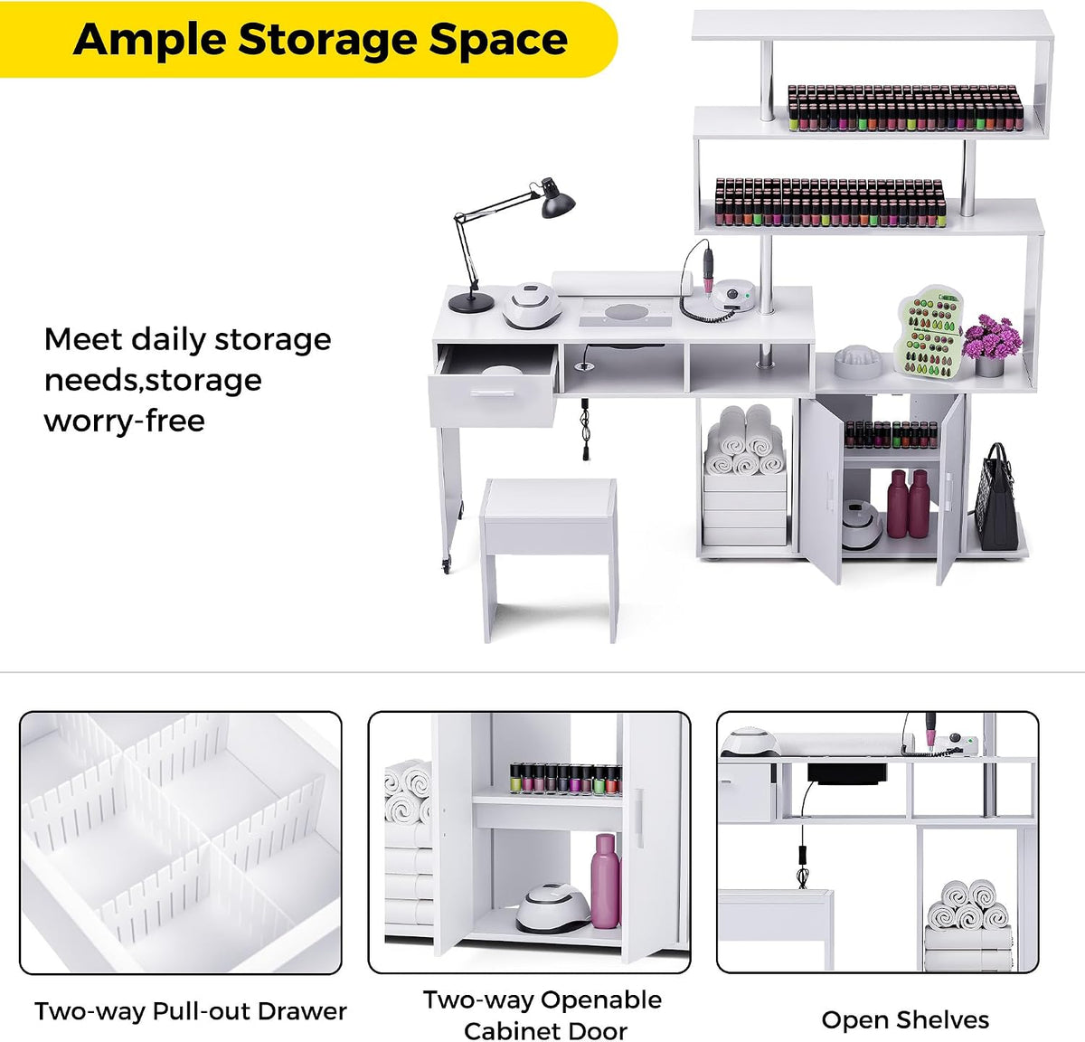 Kikihouse Manicure Table with Dust Collector, L-Shaped Nail Desk with Stool