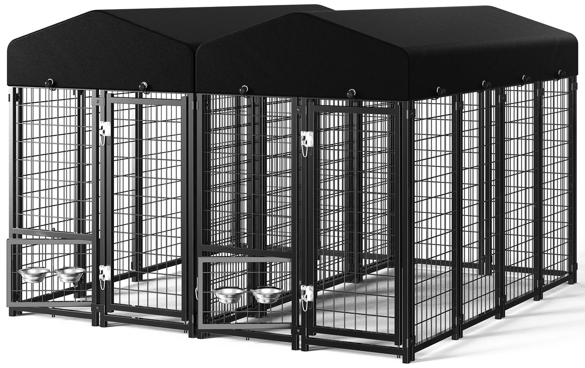 Dog Kennel Outdoor, Large Outside Dog Kennel with Roof & Swivel Feeders/Removable Doggy Door Allow Connecting Your Dog House, Heavy Duty Dog Run Pen for Medium/Large Dogs (8'L x 4'W x 6'H)