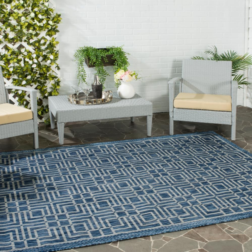 SAFAVIEH Washable Rug Outdoor Courtyard Collection - 8' x 11', Navy & Grey, Non-Shedding & Easy Cleaning, Ideal for Patio, Backyard, Mudroom (CY8467-36821)