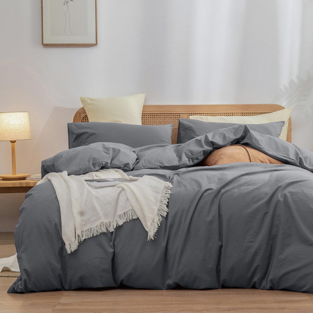 BESTOUCH Cotton Solid Duvet Cover Set Linen Feel Cornflower Blue Queen