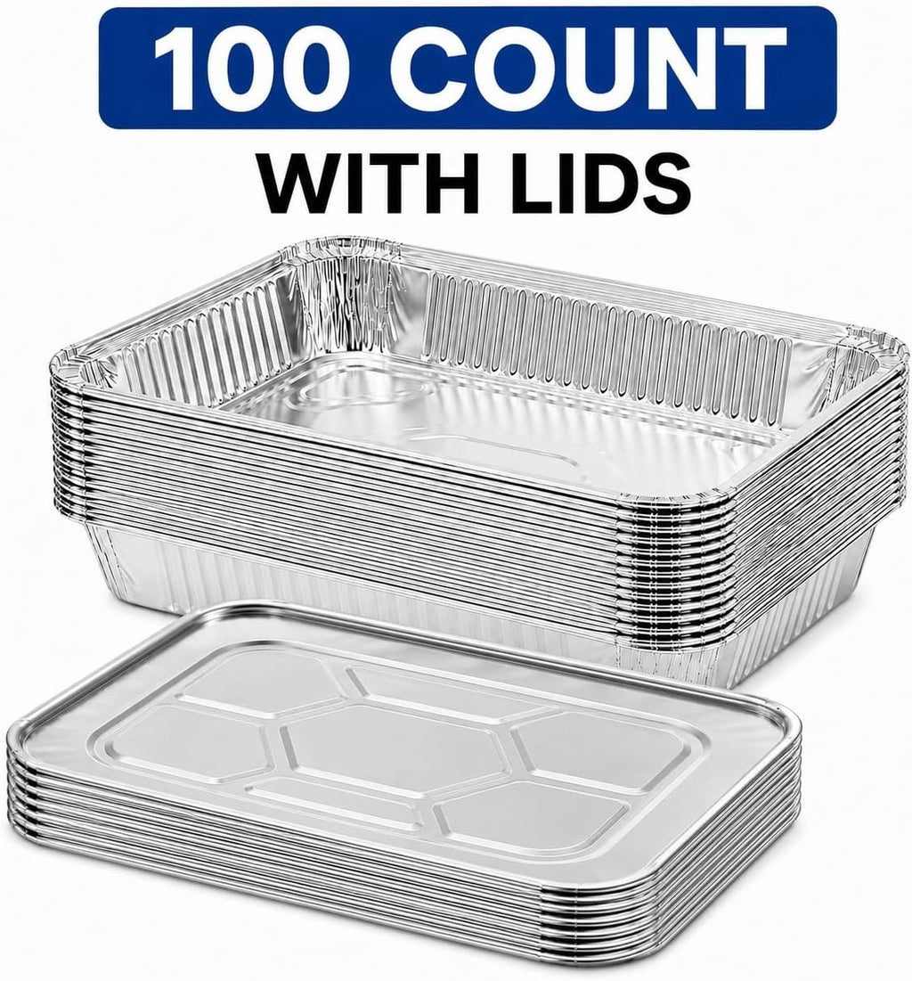 Half Size Deep Aluminum Pans, 13 x 10.5 x 2.5 In (100, With Lids)