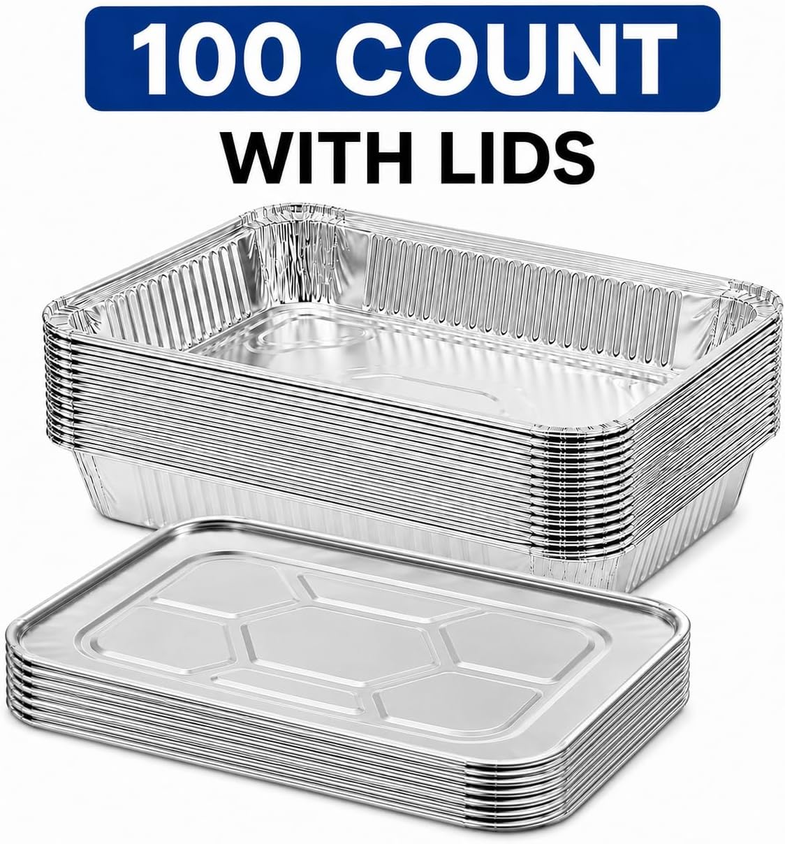 Half Size Deep Aluminum Pans, 13 x 10.5 x 2.5 In (100, With Lids)