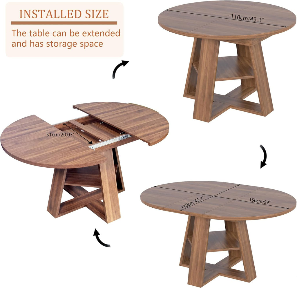 43.3"-59" Extendable Round Oval Dining Table for 4-8 with Storage Shelf