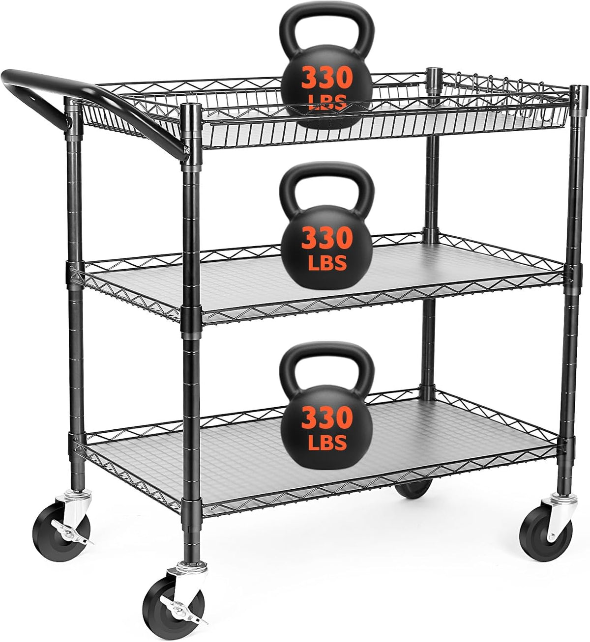 BolDuck Heavy Duty Utility Cart, 990Lbs Capacity 3 Tier Rolling Carts with Wheels, Kitchen Cart on Wheels with Storage, Commercial Grade Metal Serving Carts with Wire Shelving &Handle Bar, Black