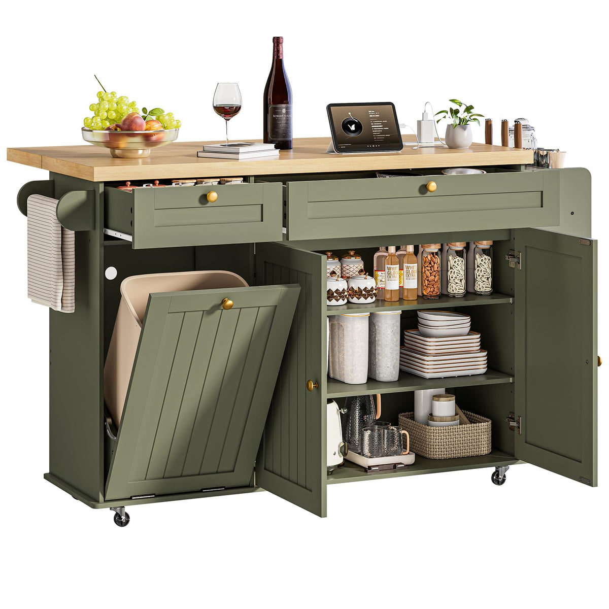 ONBRILL 60" Kitchen Island with Trash Can Storage, Rolling Island Table