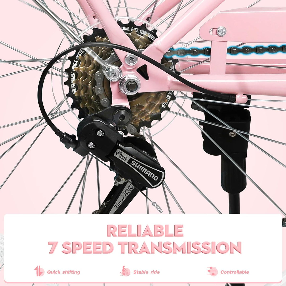 26Inch Foldable Women Bike, Womens Folding Bike with Basket, 7 Speed Beach Cruiser Fodable Bike for Women with Cushion, V-Brakes, Quick Install for Adults, Womens (Pink)