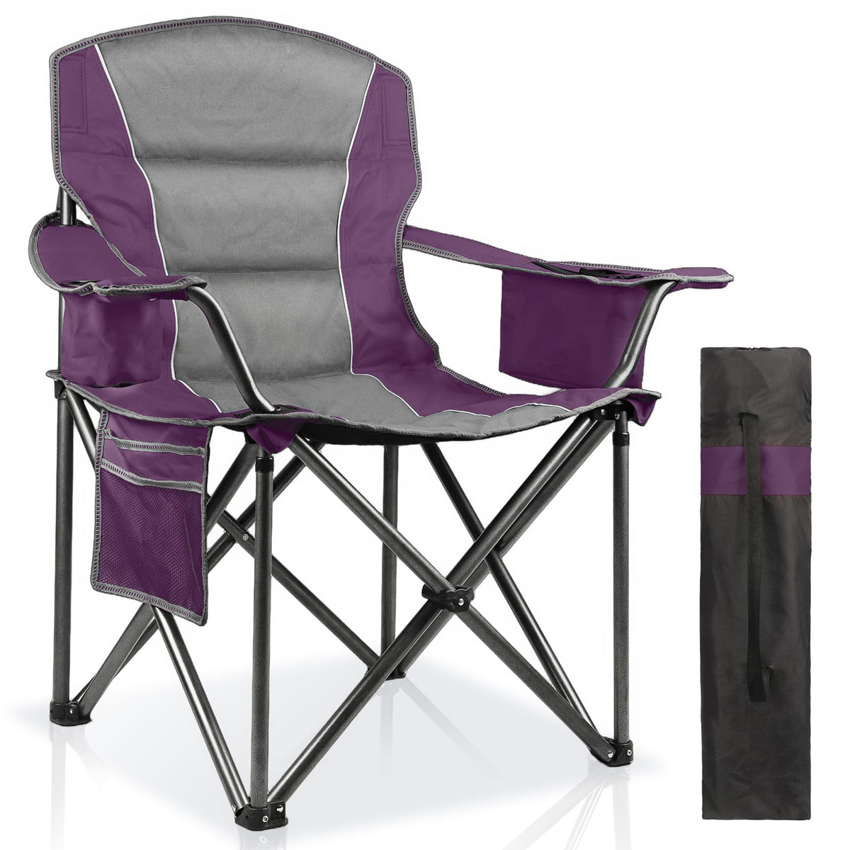 2 Pack Padded Oversized Camping Chairs for Adults,Heavy Duty Support 400 Lbs,Folding Portable Lawn Chair w/Cup Holder,Cooler Bag,Side Pocket,Perfect for Outdoor Picnic,Hiking(Orange&Blue)