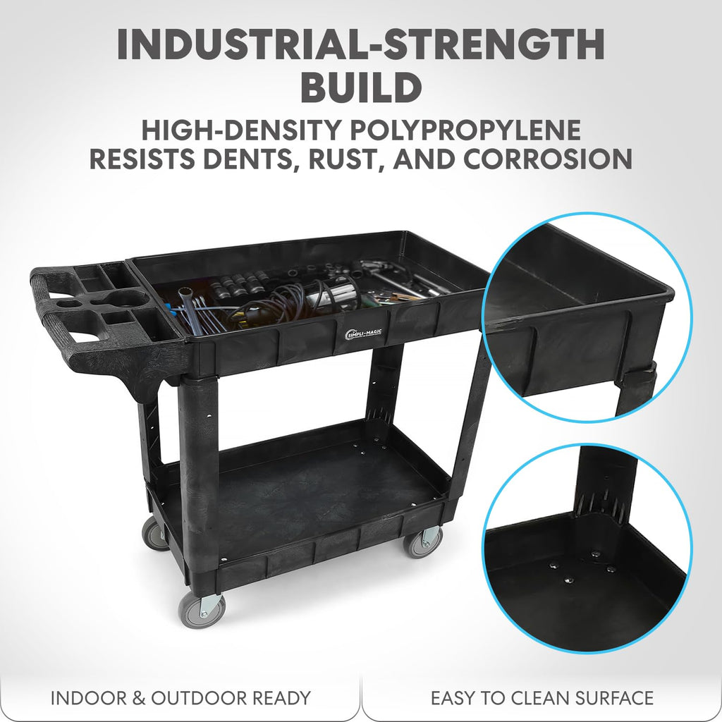 Simpli-Magic Rolling Utility Cart on Wheels, Heavy Duty with Ergonomic Handle, Deep Shelves for Garage, Warehouse, Workshop, 600-Pound Capacity, 40x33x17-Inch, Steel, Black