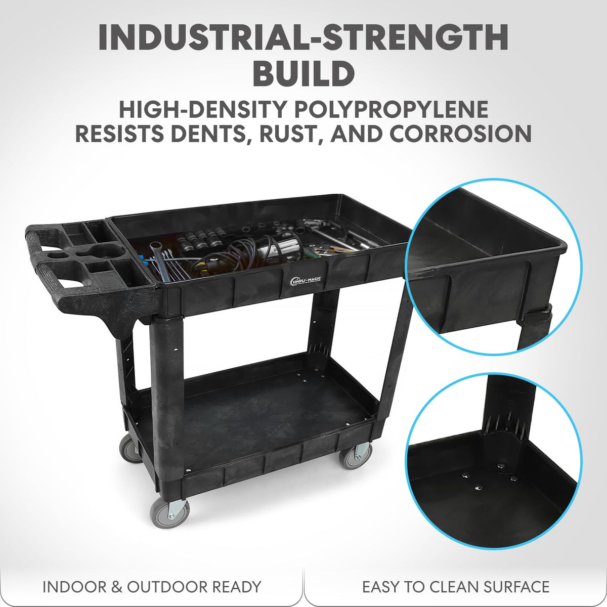 Simpli-Magic Rolling Utility Cart on Wheels, Heavy Duty with Ergonomic Handle, Deep Shelves for Garage, Warehouse, Workshop, 600-Pound Capacity, 40x33x17-Inch, Steel, Black