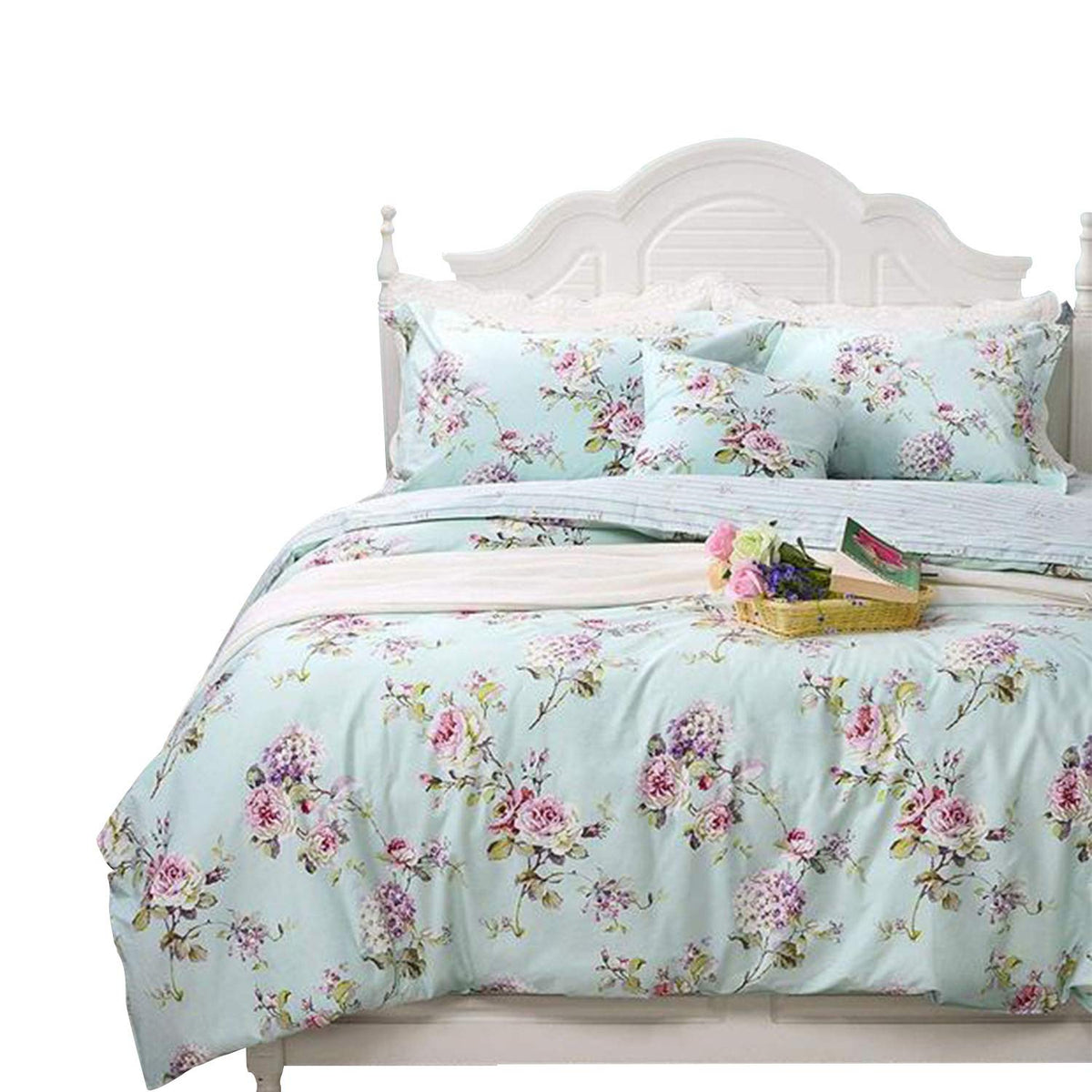 FADFAY Floral Duvet Cover Set 100% Cotton Green Striped and Beige Bedding White Flower Branches Print 600 TC Soft Reversible Zipper Bed Cover & 2 Pillowcases,King/Cal King(106x92)