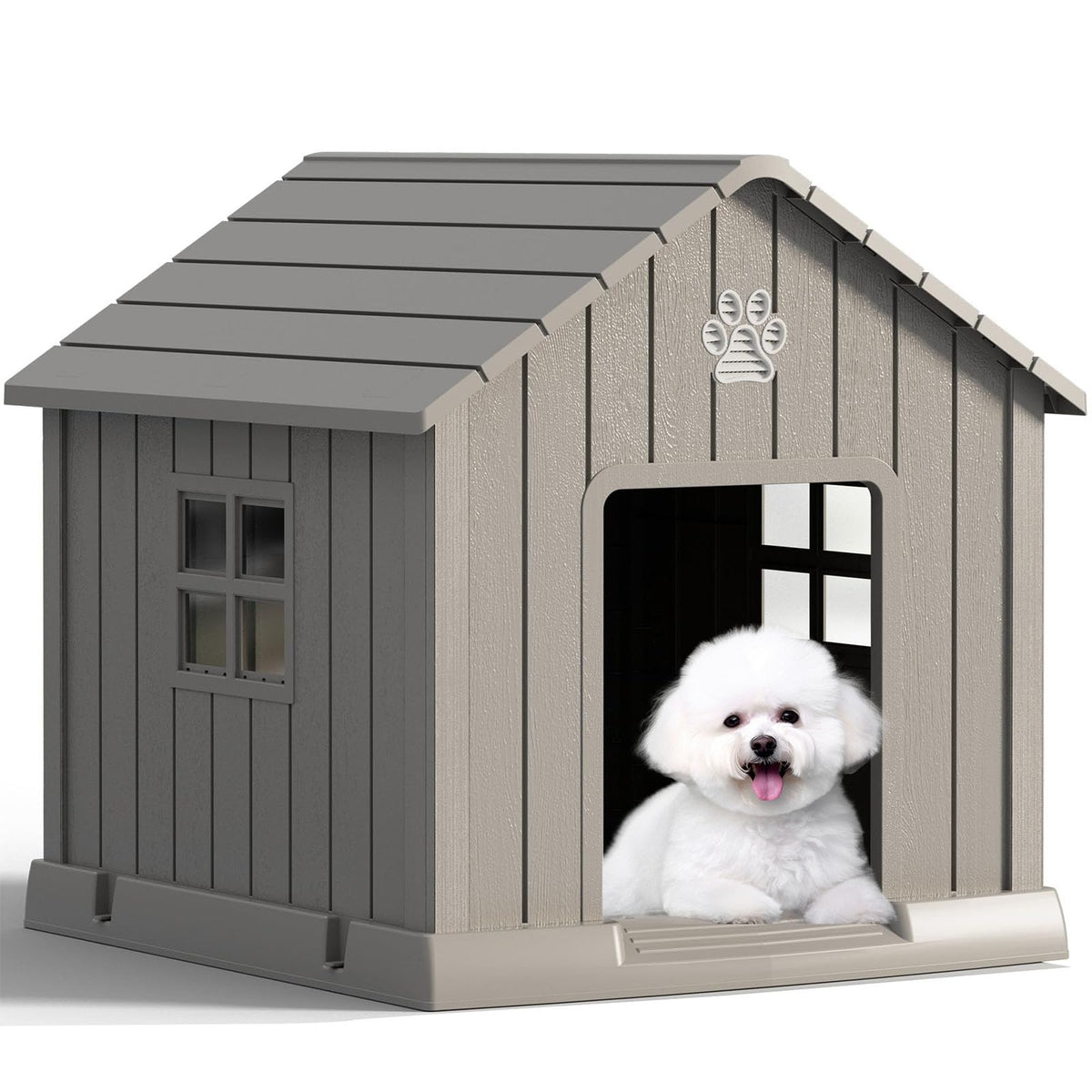 Fancyango Large Dog House Outdoor Indoor for Medium Large Dogs, Sturdy Plastic Waterproof Doghouse with Air Vents and Elevated Floor, Easy Clean and Assemble (Grey, 36.2''L×38''W×38''H)