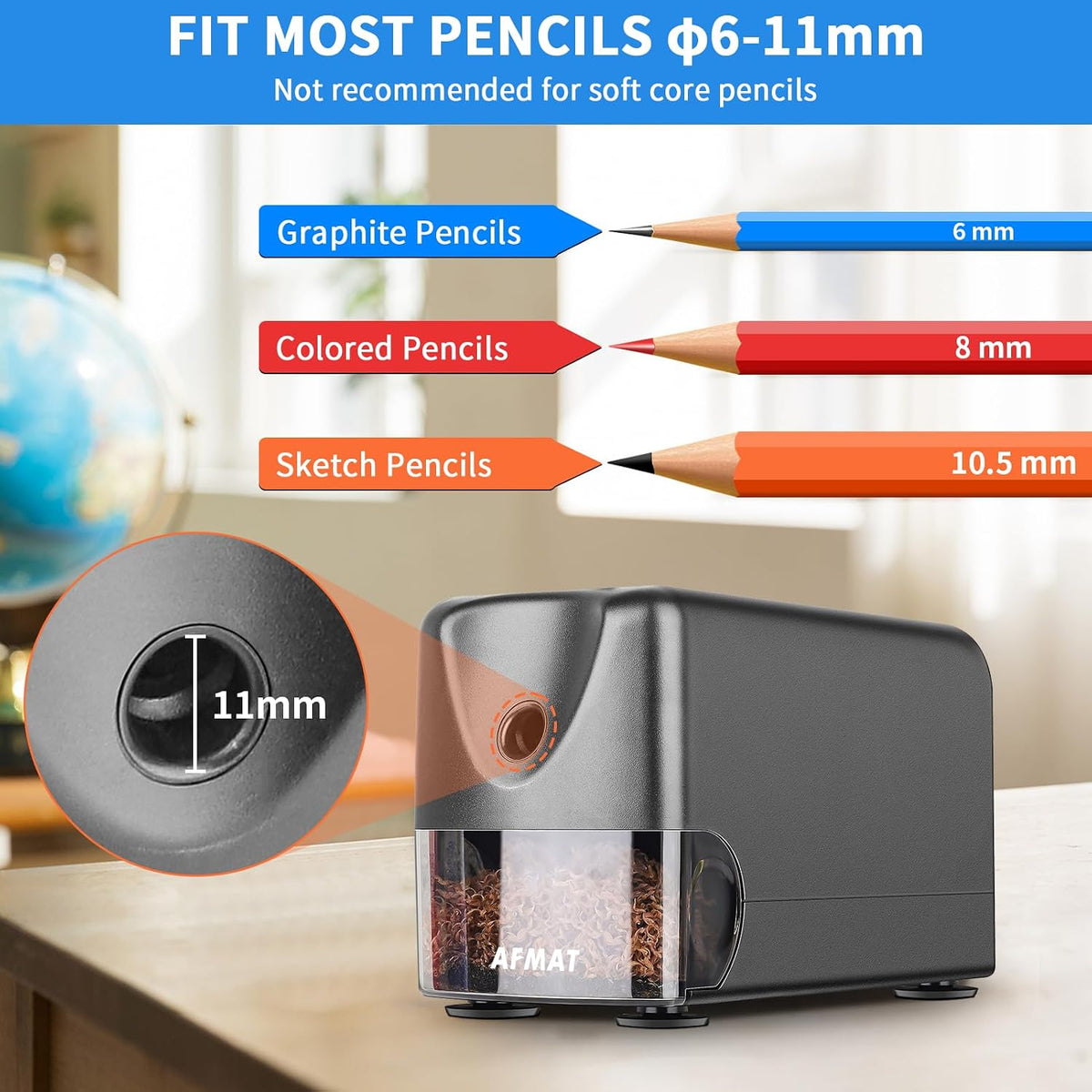 AFMAT Heavy Duty Electric Pencil Sharpener, Auto Stop Classroom Pencil Sharpeners for 6-11mm No.2/Colored Pencils, Pencil Sharpener for Large Pencils, Sharp Point, Save Pencil, PSX3 (Pack of 2)