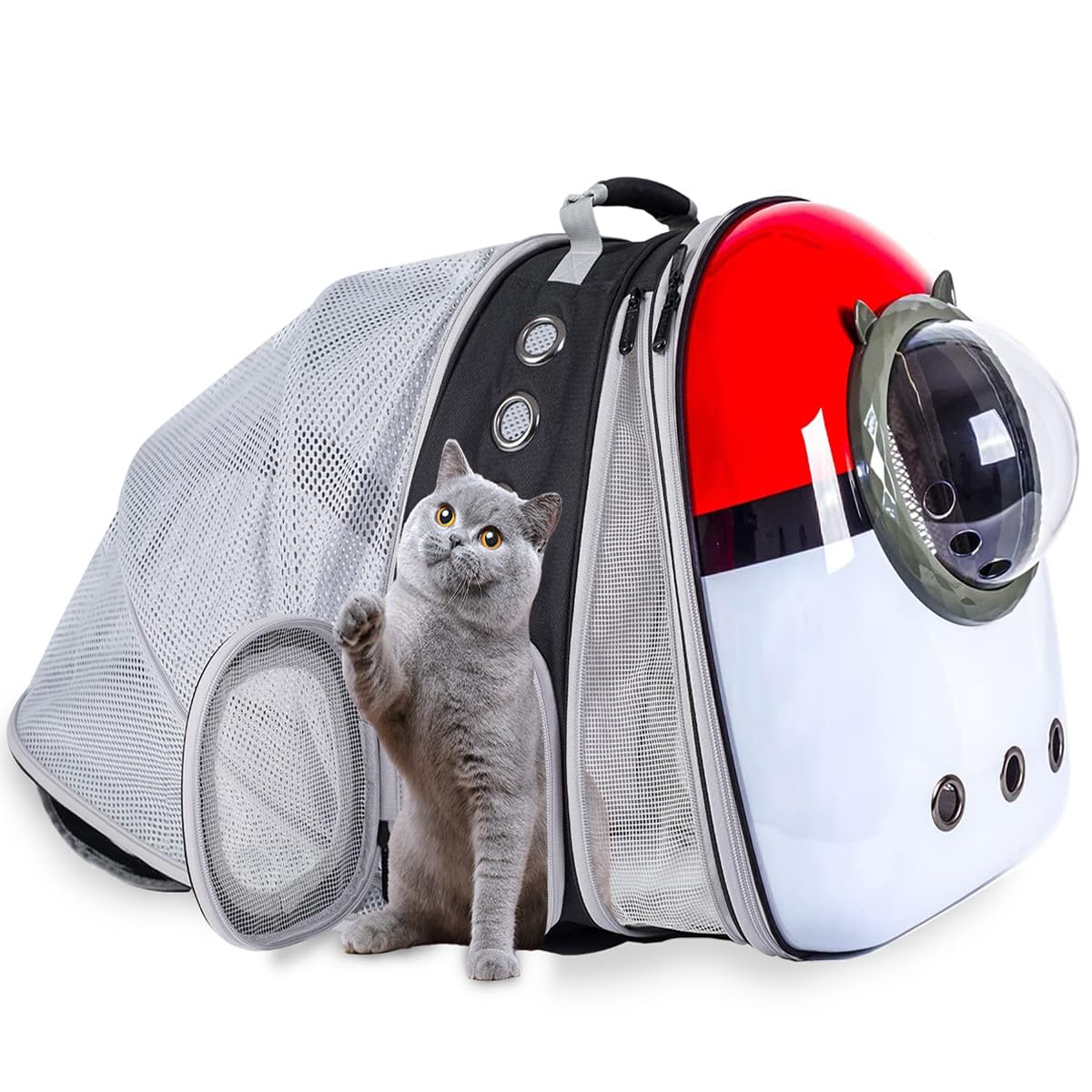 Expandable Cat Carrier Backpack with Catnip Toys, Backpack for Cats Kitten Small Puppy, Airline Approved Cat Bubble Backpack, Space Capsule Astronaut Carrier… (RED BP&Toy, Back Extension)
