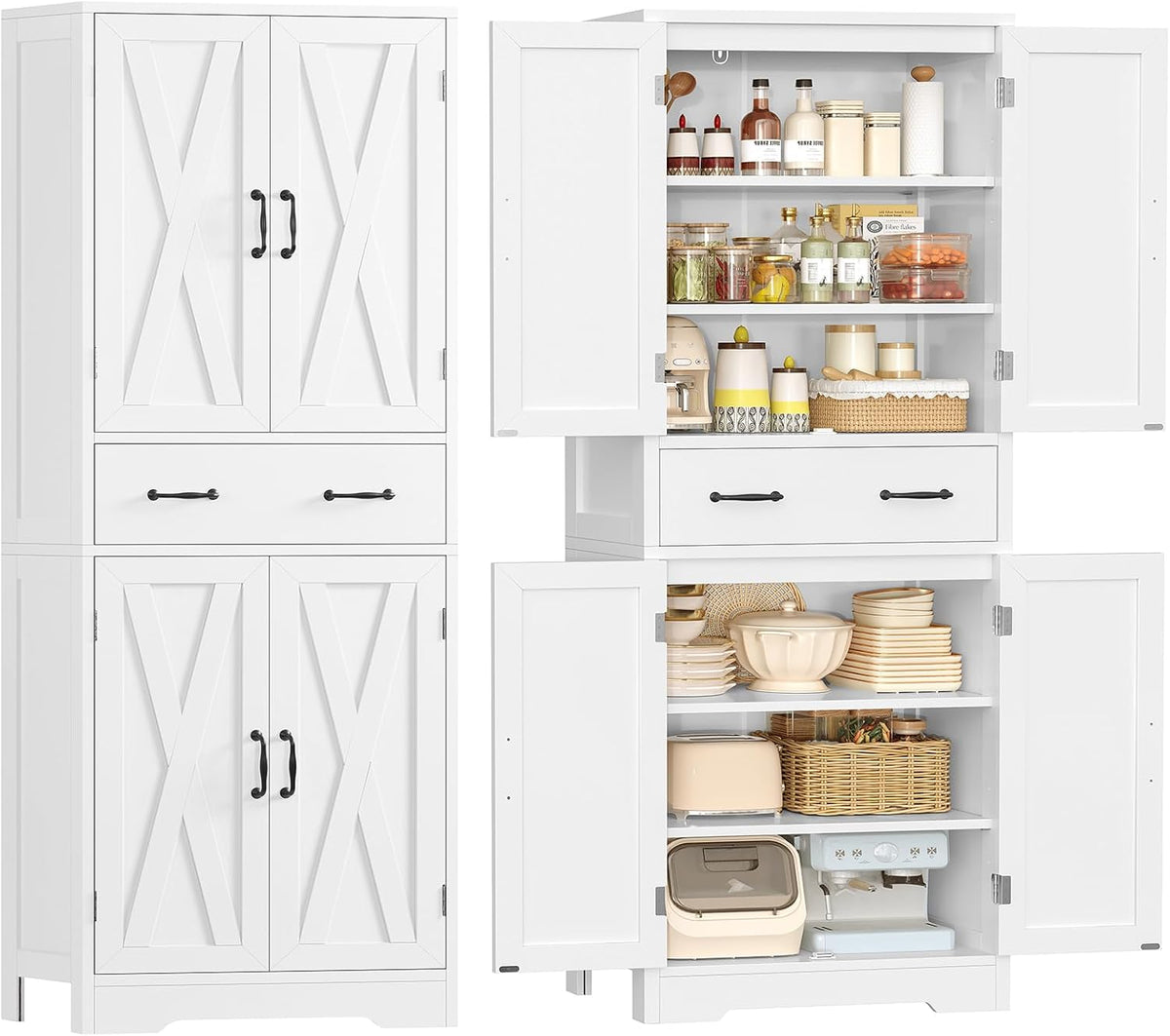 TEENFON Storage Cabinet, Pantry Cabinet with 2 Adjustable Shelves & Large Drawer, Kitchen Pantry Cabinet with 4 Doors, Bathroom Storage Cabinets, for Living Room, White