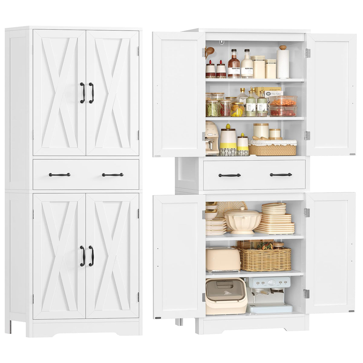TEENFON Storage Cabinet, Pantry Cabinet with 2 Adjustable Shelves & Large Drawer, Kitchen Pantry Cabinet with 4 Doors, Bathroom Storage Cabinets, for Living Room, White