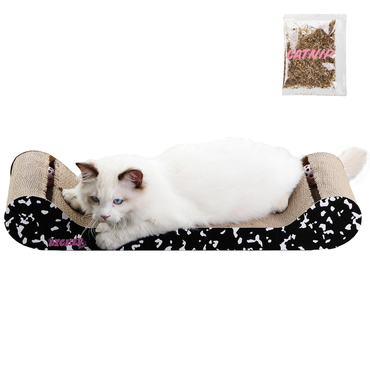 Rini 23.75" Modern Cardboard Cat Scratcher Lounge Bed with Built-in Bell Toys and Catnip, Ergonomic Curved Sofa Design, Oak Wood Finish, Set of 2 CSR1003C-SET2