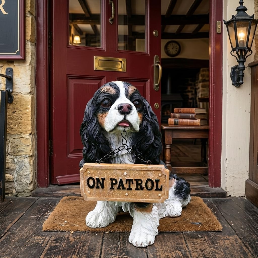 Lifelike Black and White Cocker Spaniel Garden Statue with Solar Lantern and Decorative Tag, Resin Puppy Figurine Outdoor Decor, Yard Art for Patio Lawn Porch