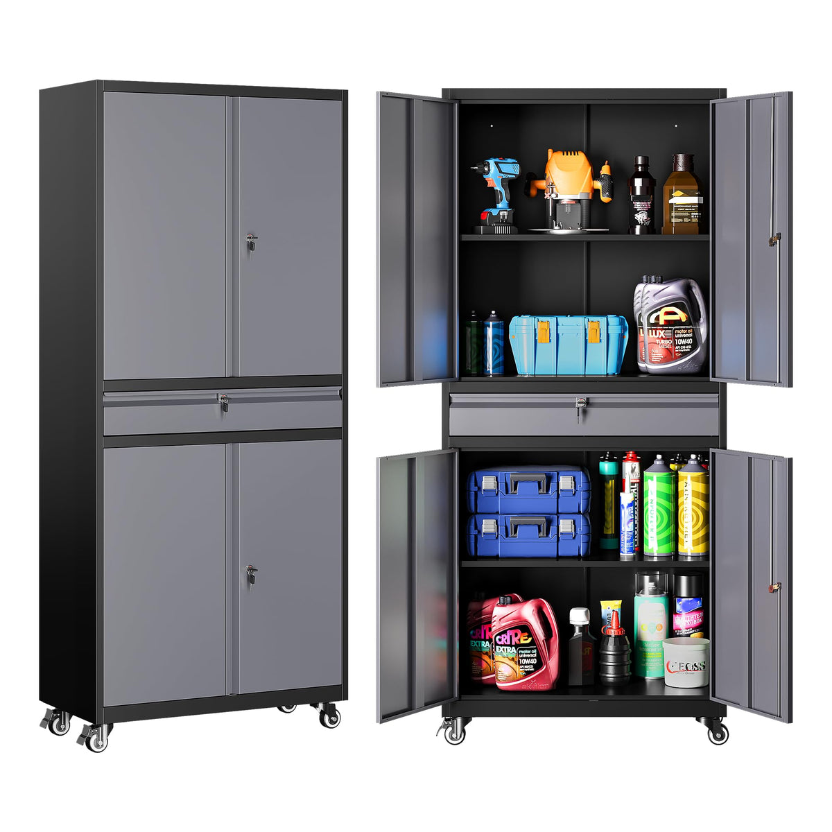 SISESOL 75" Tall Metal Storage Cabinet with Wheels,Rolling Garage Storage Cabinet with Lock,Black Metal Cabinets with Wheels and Shelves,Deep Heavy Duty Tool Locker for Garage,Home,Office,Shop
