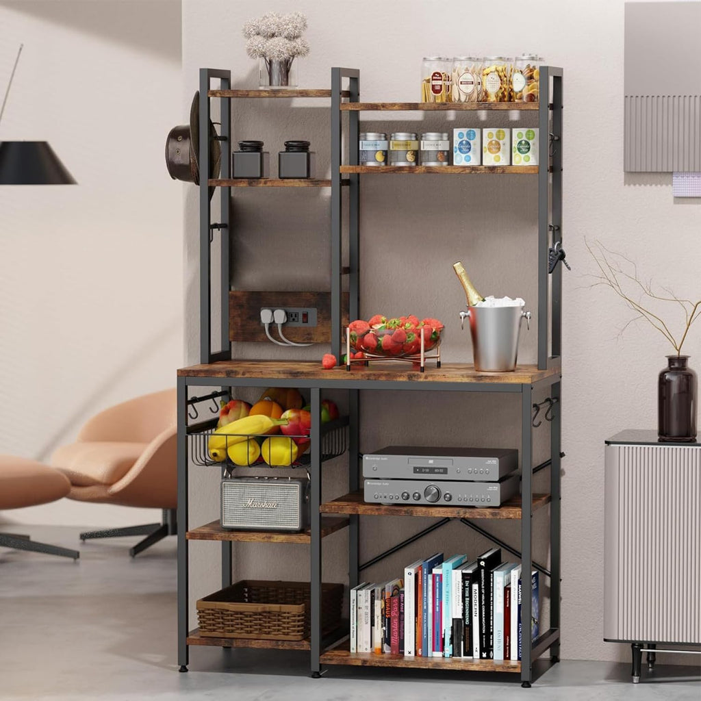 Cheersstar Bakers Rack with Power Outlet -, Standing Kitchen Baker’s Rack, 6-Tier Microwave Stand, Coffee Bar with 12 S-Shaped Hooks, Kitchen Shelf with Storage, Coffee Bar Station, for Rustic Brown