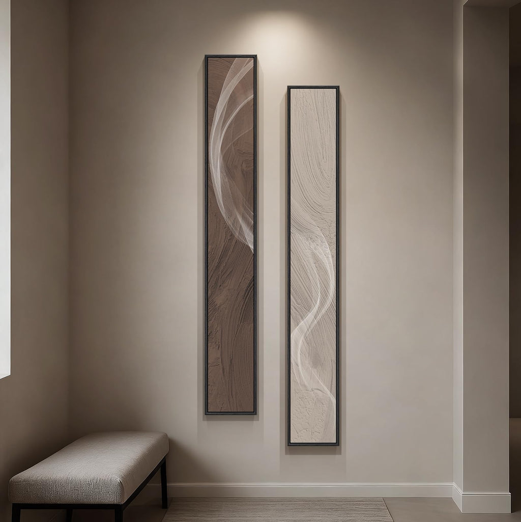 Large Framed Beige Cream Abstract Vertical Wall Art for Hallway, 2 Piece
