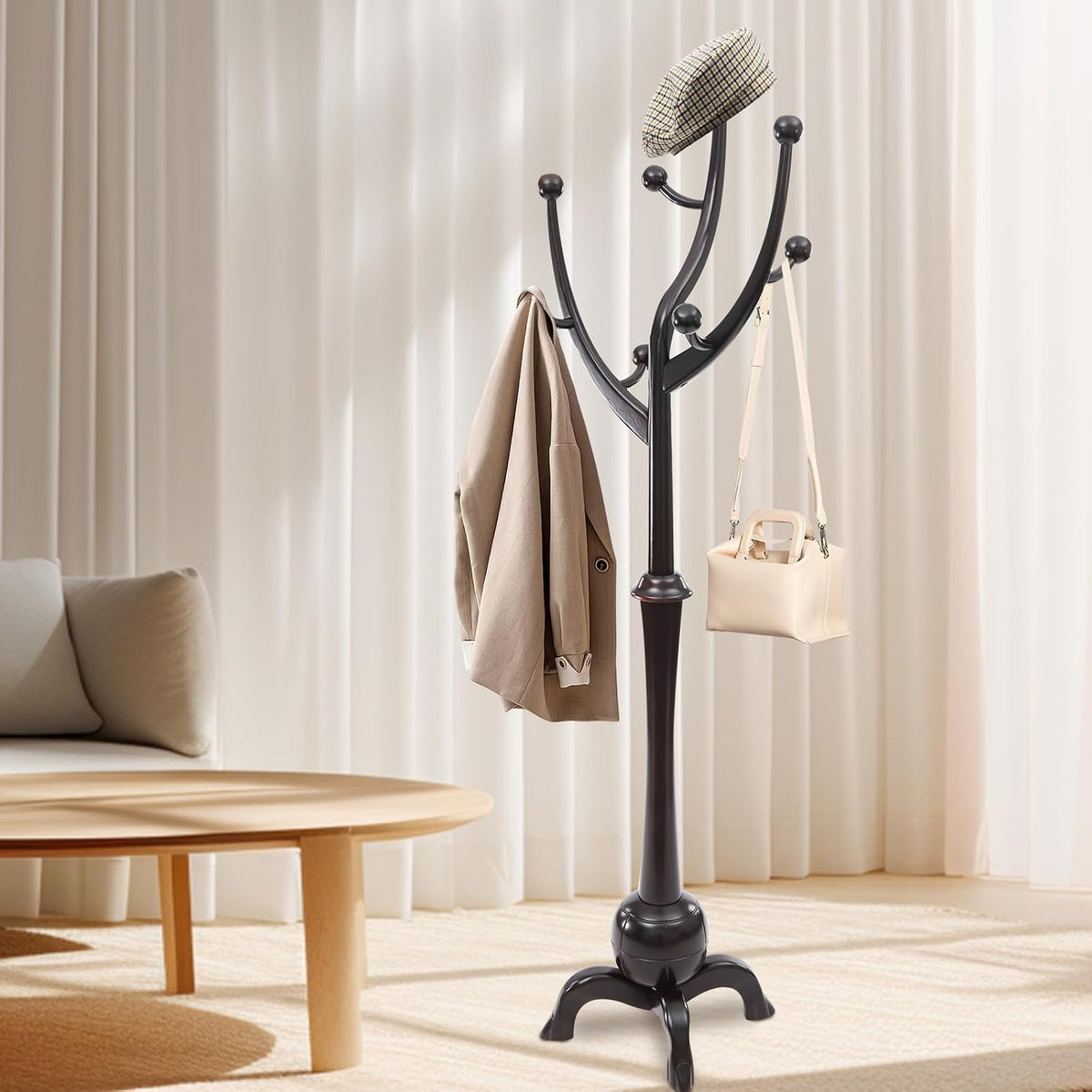 Freestanding Coat Rack with 8 Hooks, 70 Inch Wooden Clothes Rack Floor Coat Tree Modern Clothes Rack Stand Black Red for Entrance Bedroom Living Room