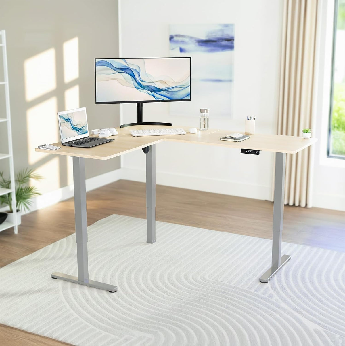 VIVO Light Wood 63 x 55 in Corner Standing Desk, DESK-E3CTGC
