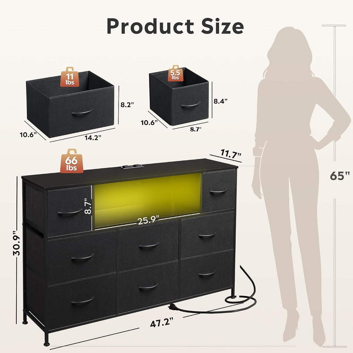 LED TV Stand for 55 Inch TV, 8 Drawers, Black