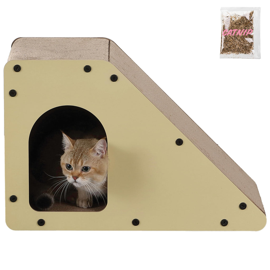 Kento 23.63" Modern Cardboard Cat Cave Scratcher with Catnip, Angled Trapezoid Hideaway House and Scratching Lounge for Indoor Cats, Heart Pattern CSR1008C