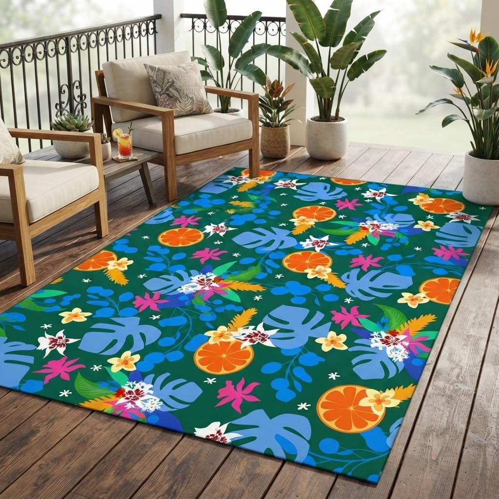 Beautiful Elegant Multicolor Outdoor Rug 7x10 Natural Floral Butterfly Texture Waterproof Thin No Shedding Easy Care Outside Rugs for Patios Deck Pool Garden Balcony Backyard Beach Floor Mat