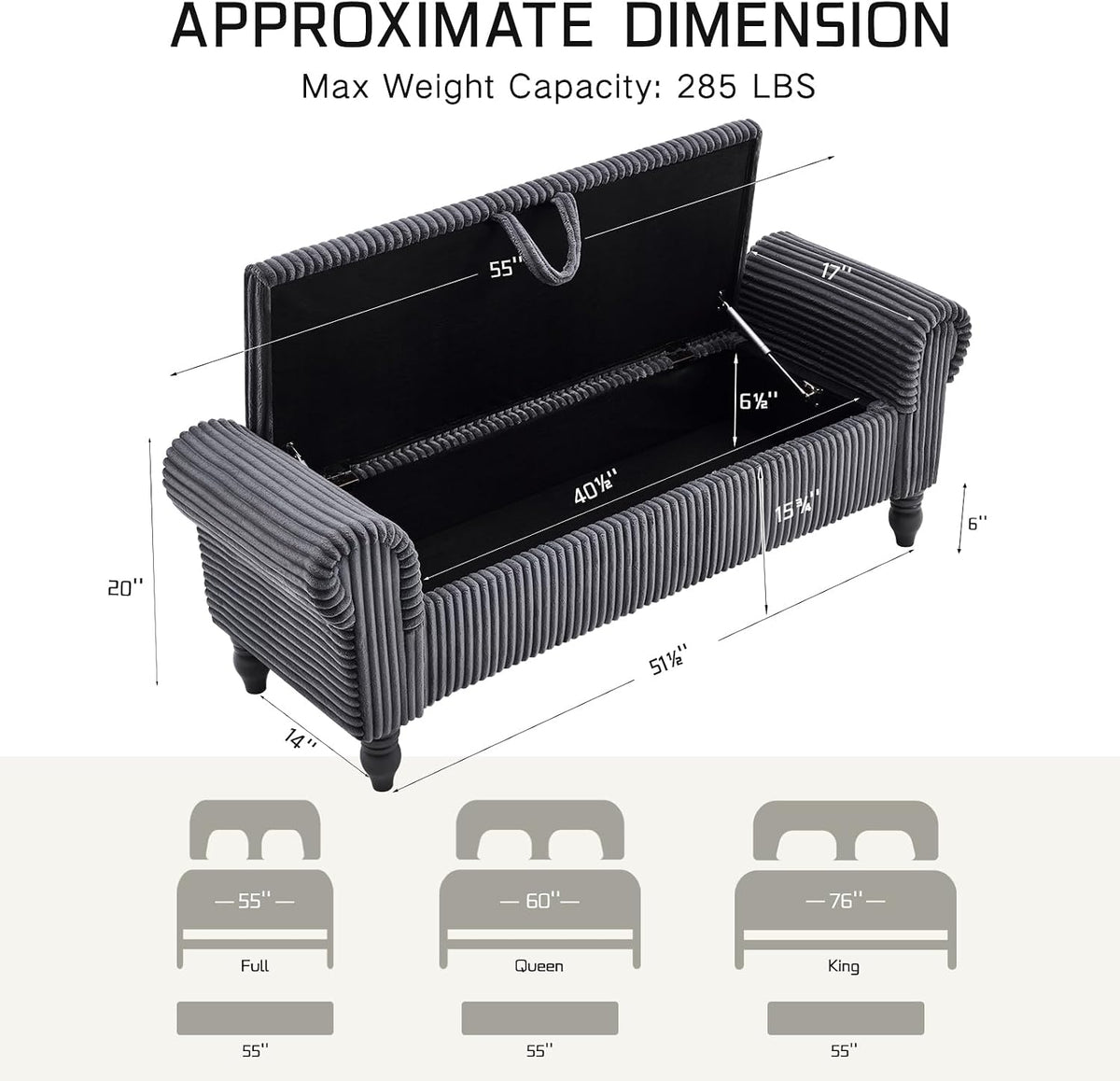 55" Corduroy Storage Ottoman Bench, Queen Bed, Grey