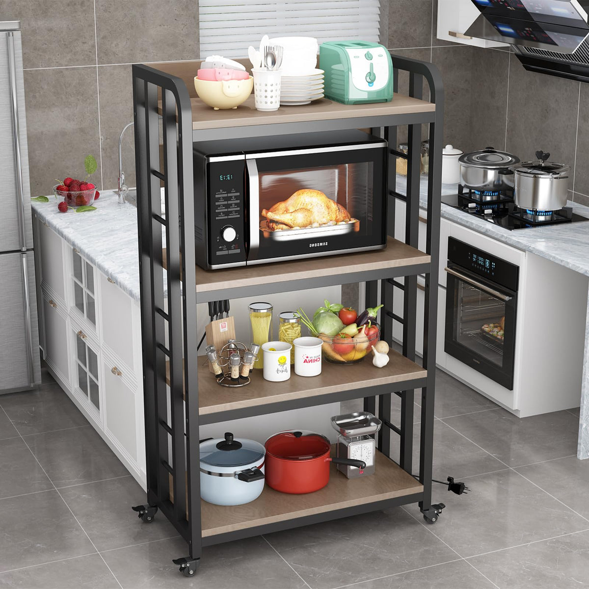 SIREDEEP Bakers Rack with Power Outlet ，4-Tier Kitchen Baker's Rack,Microwave Stand with Storage Suitable for Kitchen, Living Room, Dinning Room，Coffee Bar(Rustic Brown)