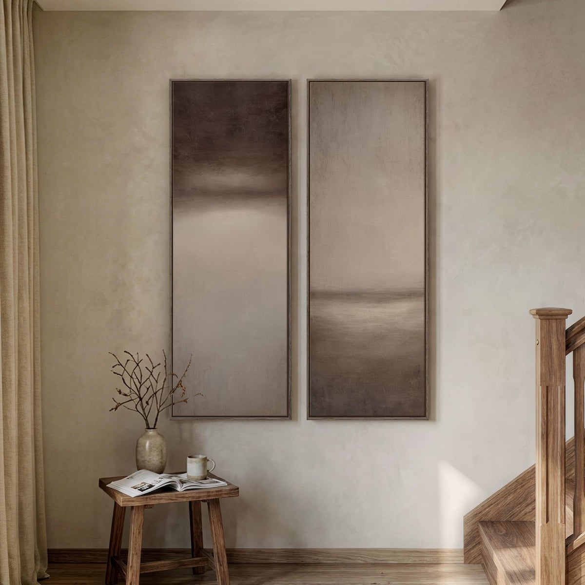Large Framed Beige Cream Abstract Vertical Wall Art for Hallway, 2 Piece