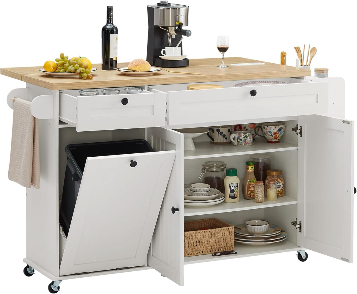 ONBRILL 60" Kitchen Island with Trash Can Storage, Rolling Island Table