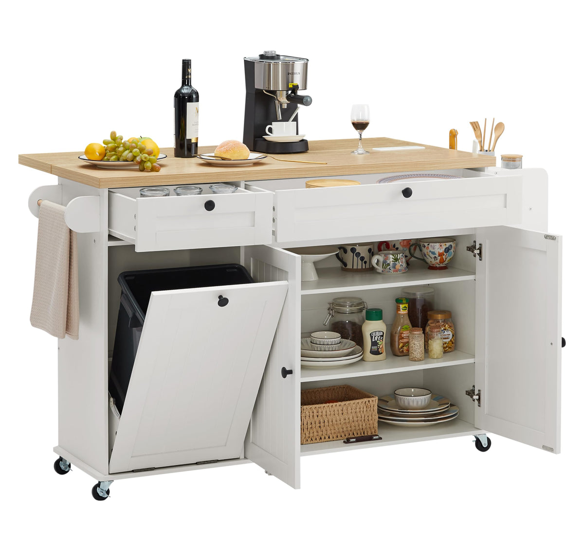 ONBRILL 60" Kitchen Island with Trash Can Storage, Rolling Island Table