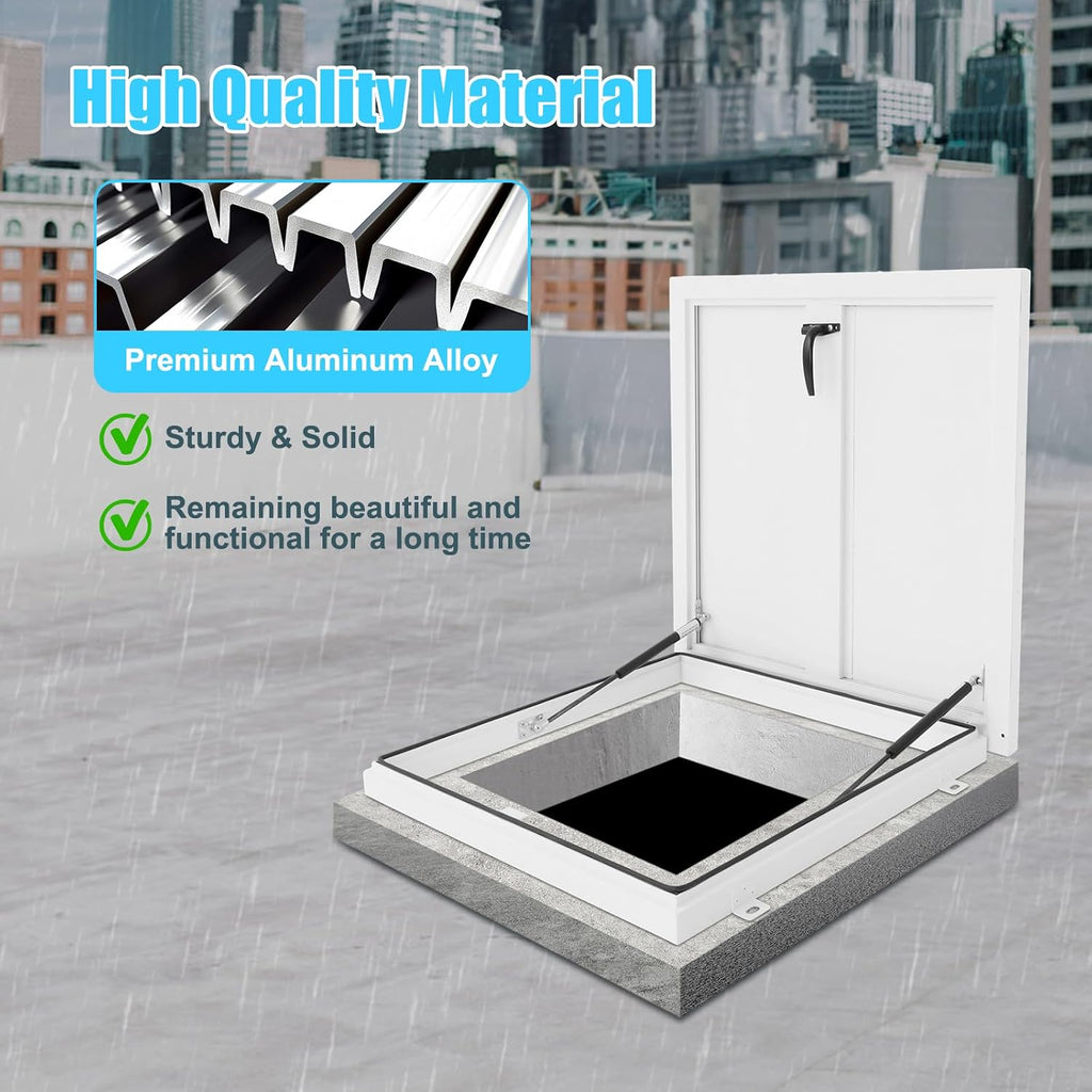 Roof Hatch 27.95" L X 27.95" W Roof Security Door Aluminum Alloy Attic Door, White Deck Installation Roof Window for Home Warehouses Hotels
