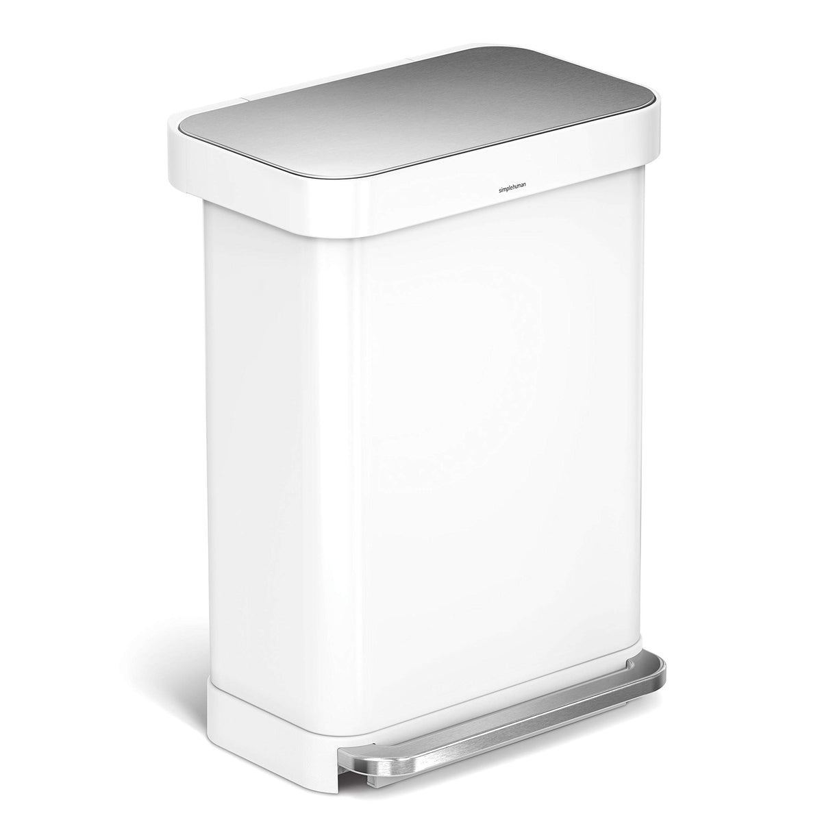 simplehuman Rectangular Step Can, 45L / 12 Gallon Kitchen Trash Can, Liner Rim System, Liner Pocket®, 150,000-Step Pedal, Lid Shox® Silent Close, Brushed Stainless Steel with Grey Plastic Lid