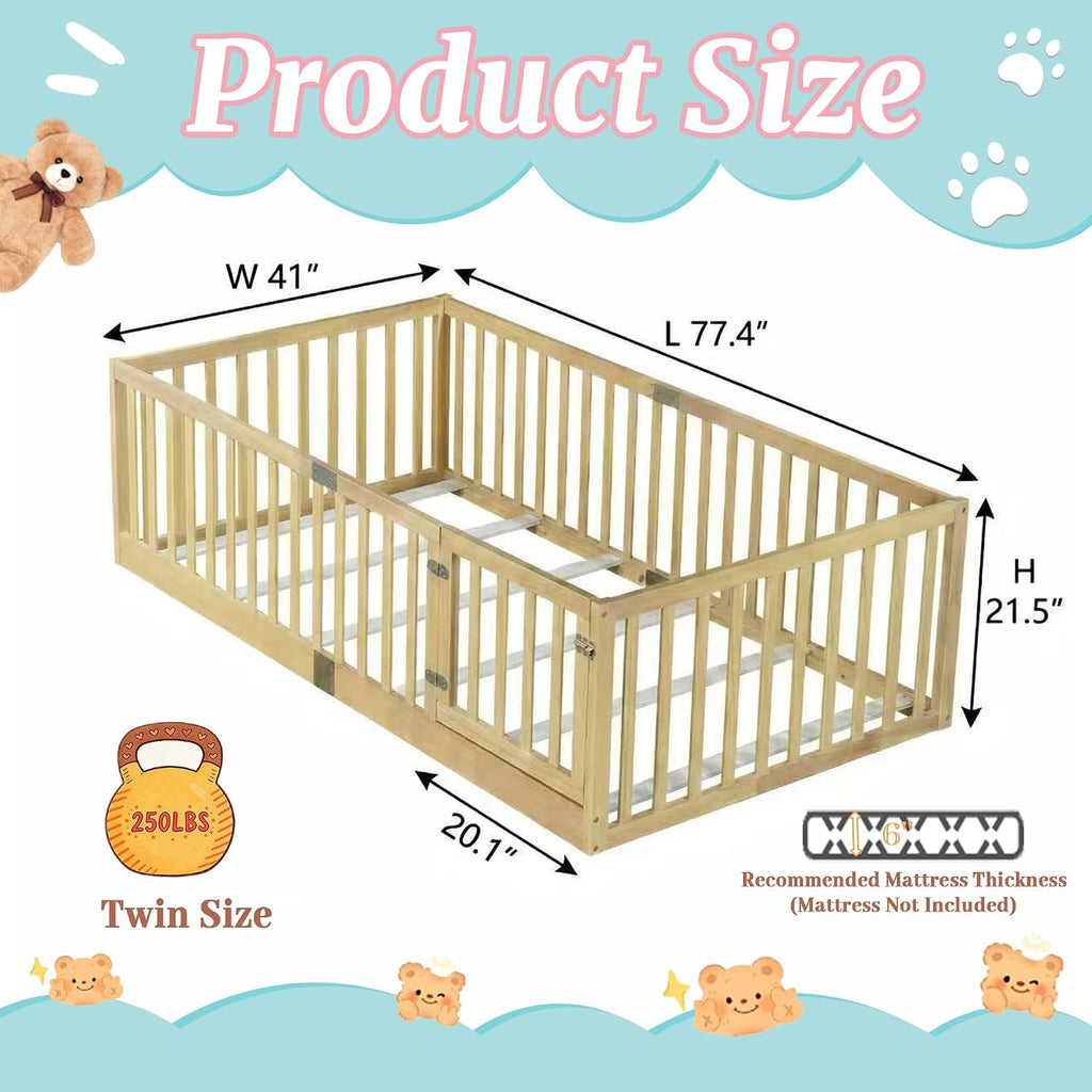 Twin Montessori Floor Bed with High Rails, Door & Slats for Kids, Natural