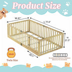 Twin Montessori Floor Bed with High Rails, Door & Slats for Kids, Natural