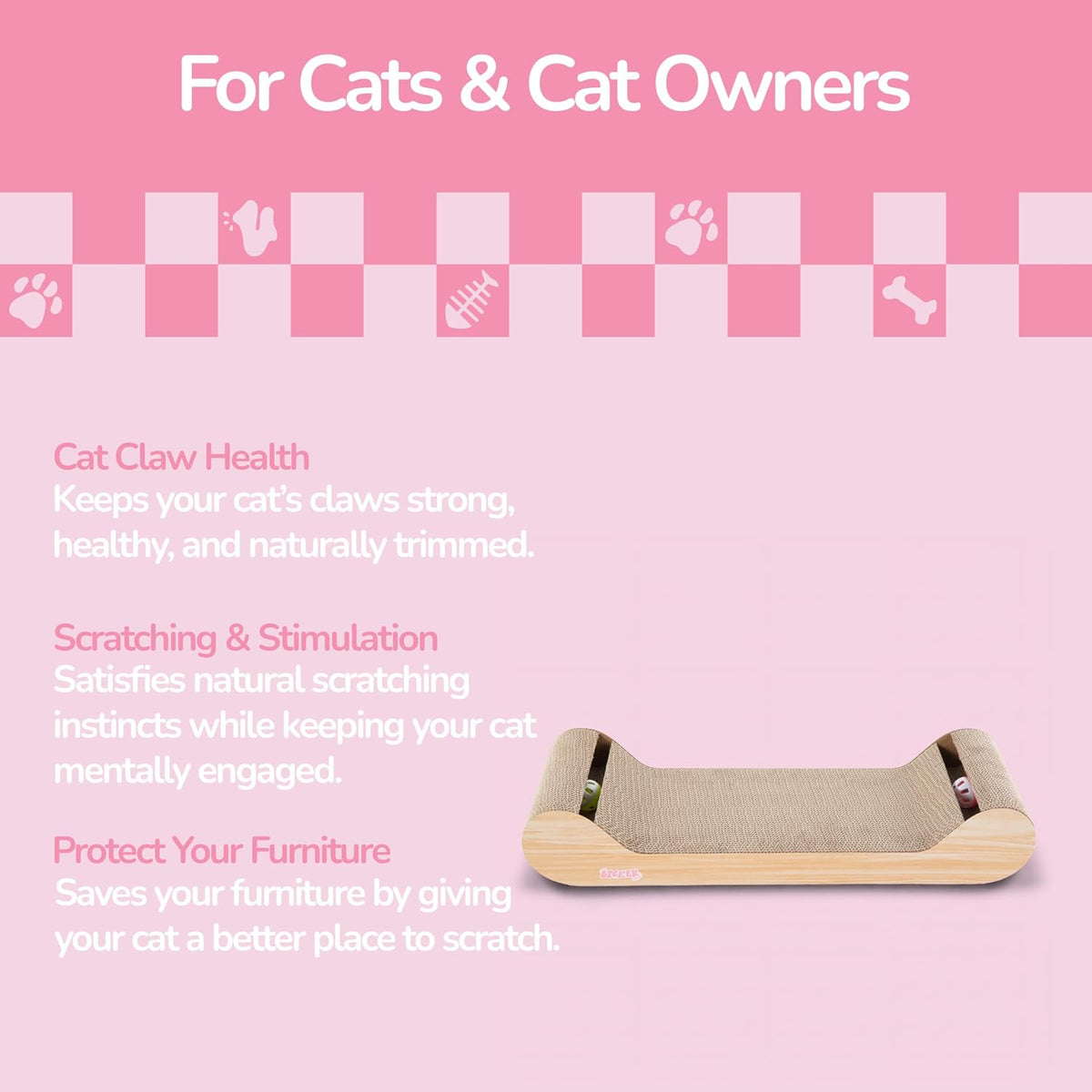 Rini 23.75" Modern Cardboard Cat Scratcher Lounge Bed with Built-in Bell Toys and Catnip, Ergonomic Curved Sofa Design, Oak Wood Finish, Set of 2 CSR1003C-SET2