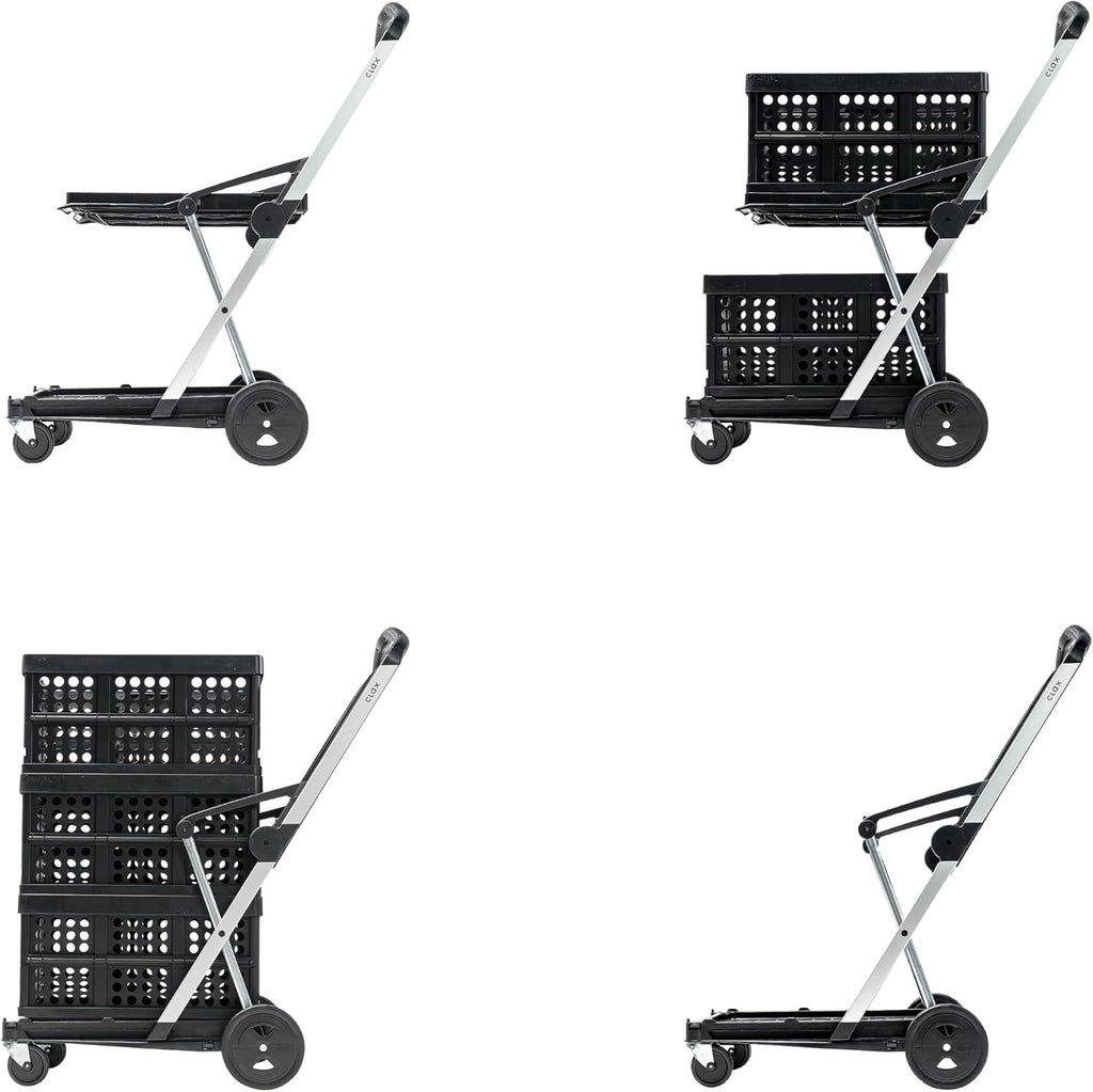 CLAX® The Original | Made in Germany | Multi Use Functional Collapsible Carts | Mobile Folding Trolley | Storage Cart Wagon | Shopping Cart with 2 Storage Crates (Black)