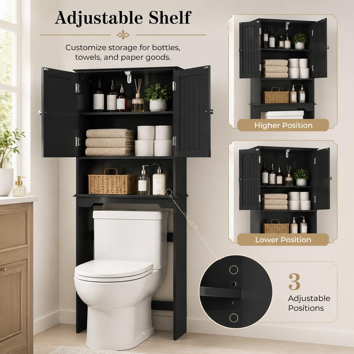 Simple Deluxe Over The Toilet Storage Cabinet, Bathroom Shelf Over Toilet, Bathroom Storage Cabinet Organizer, Black