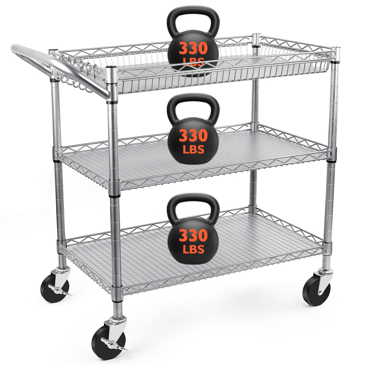 BolDuck Heavy Duty Utility Cart, 990Lbs Capacity 3 Tier Rolling Carts with Wheels, Kitchen Cart on Wheels with Storage, Commercial Grade Metal Serving Carts with Wire Shelving &Handle Bar, Black