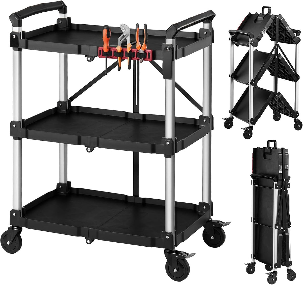 VEVOR 3 Shelf Heavy Duty Folding Jobsite Cart, 3 Tier Rolling Cart with Side Tool Holder & 360° Swivel Wheels (2 Brakes), 300 LBS Folding Utility Cart, Tool Storage for Garage Warehouse Workshop