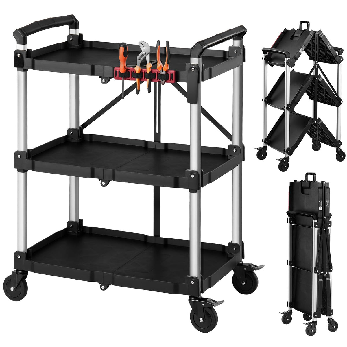 VEVOR 3 Shelf Heavy Duty Folding Jobsite Cart, 3 Tier Rolling Cart with Side Tool Holder & 360° Swivel Wheels (2 Brakes), 300 LBS Folding Utility Cart, Tool Storage for Garage Warehouse Workshop