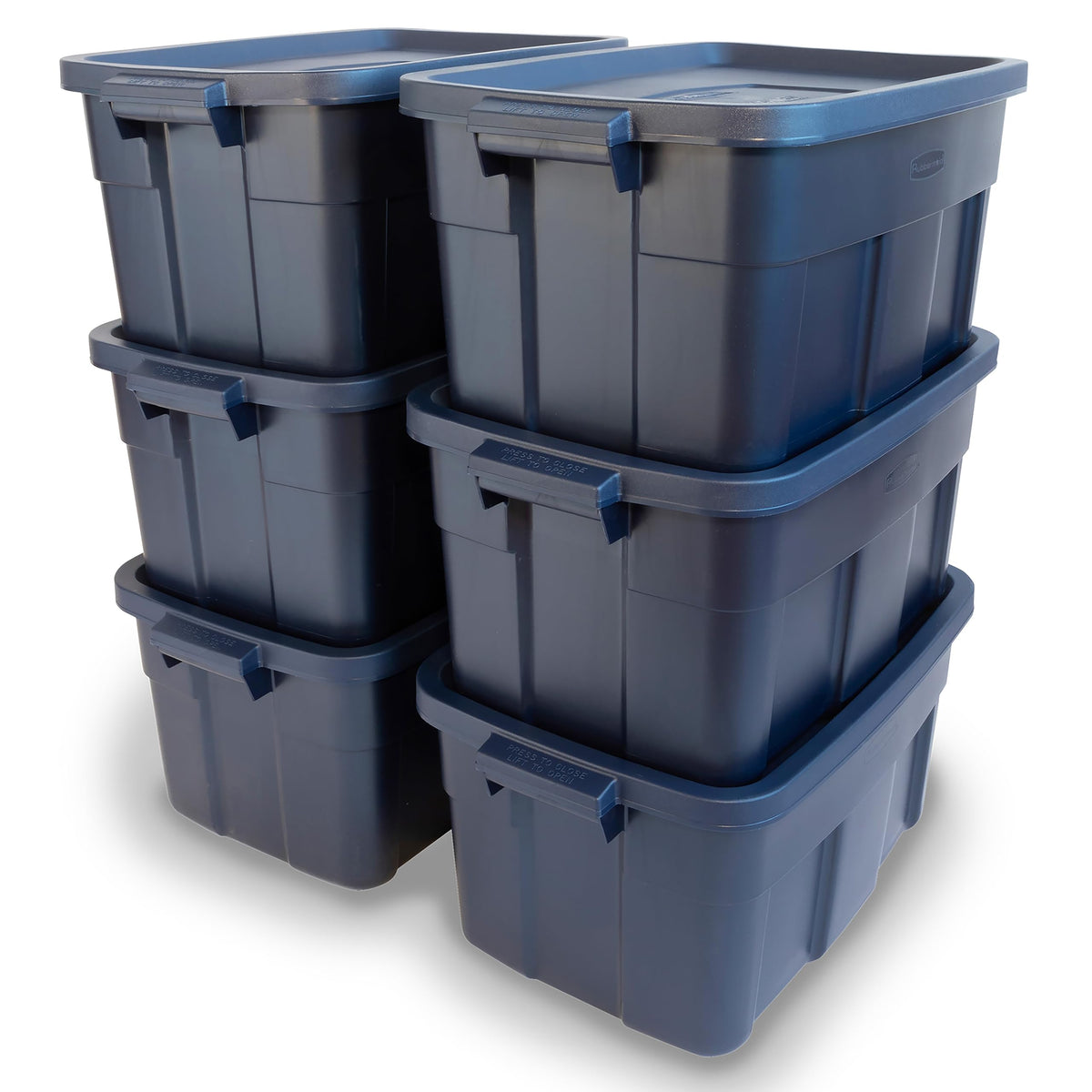 Rubbermaid Roughneck Tote 18 Gal, 6 Pack, Made in USA, Dark Indigo Metallic, Rugged Plastic Stackable Storage Bins with Lids and Handles