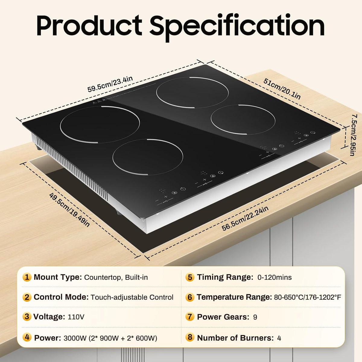 Countertop 4 Burner Induction Cooktop,Portable Electric Stove, 3000W (2x900W+2x600W) Ceramic Cooktop with 9 Power Gears, 80-650°C Temp & 120min Timer, LED Touch Screen for Home Kitchen Restaurant