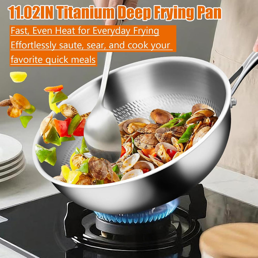 Titanium Cookware Set, 11'' Titanium Pans for Cooking, 9.45'' Soup Wok with Lid, Titanium Hammered Chef-Grade Design,PFAS/PFOA/PTFE-Free, Induction & Oven-Safe, Dishwasher Safe,Pan soup wok,11